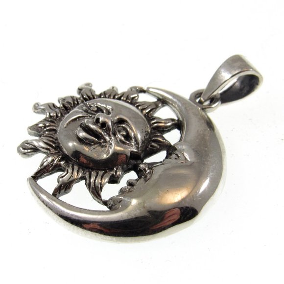 Solid 925 Sterling Silver Sun and Crescent Moon Faces Pendant, Cosmic Amulet - Picture 7 of 8